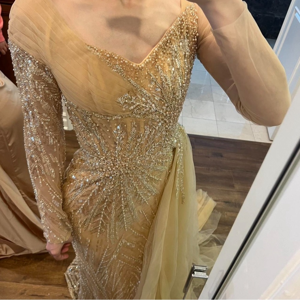 Gold Wedding Guest Gown with extravagant bead work